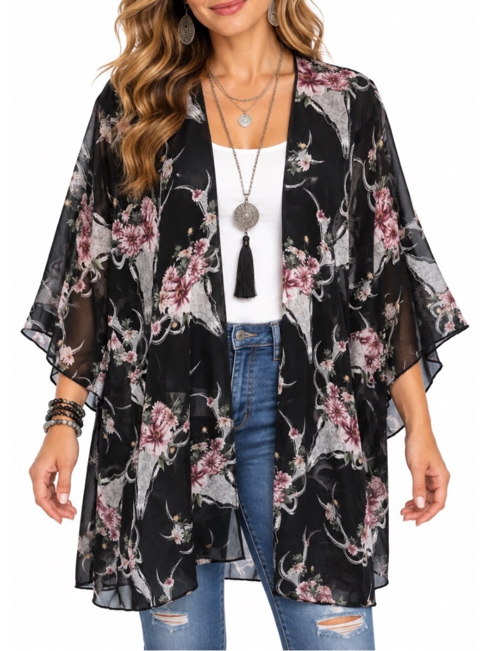 Black Floral Kimono Shawl – Boho Western Style- Small